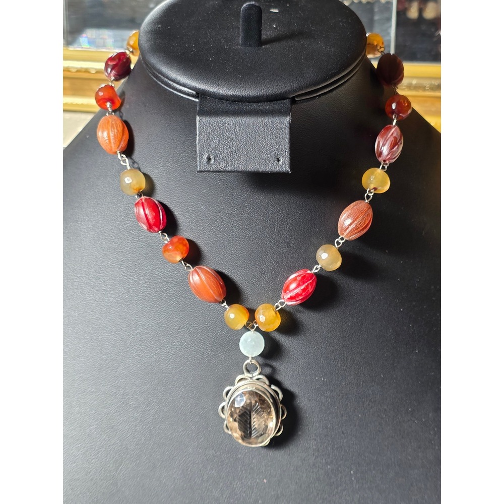 Smoky Quartz‎ Intaglio Pendant Beaded Necklace Toggle Clasp